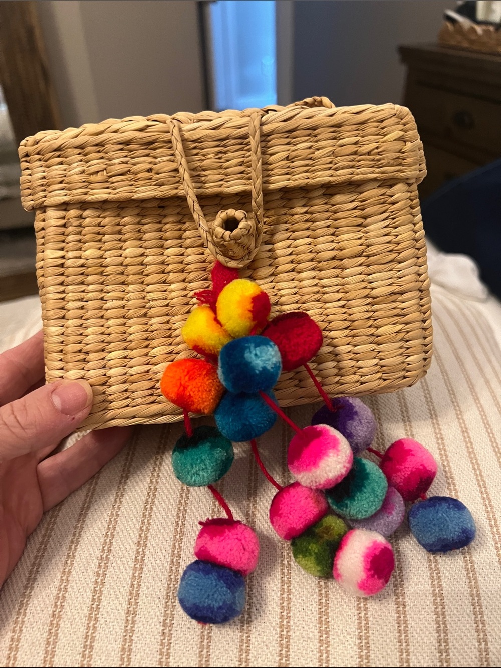 Nanacay Woven Straw Bag with Multicolor Pom Pom Charm